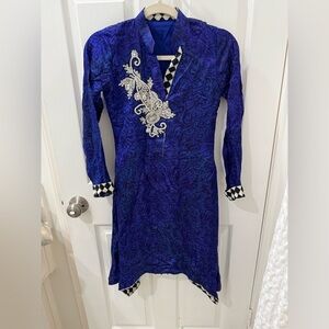 Blue Silk Checkered Pattern Long Sleeve Embroidered Rhinestone Dress